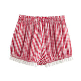 Women Cute Lace Trim Plaid Shorts Low Waist Y2k Pajamas Short Pants Summer Casual Homewear