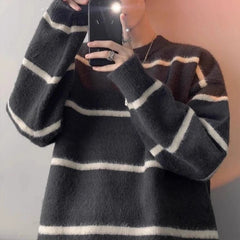 New Korean Trendy Men Sweater Light Luxury Knitted Drooping Stripe O Neck Long Sleeve Pullover Casual High Street Knitwear M-3XL voguable