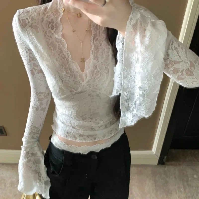 Women's Long Sleeve Lace Top V-neck Flared Sleeve Sheer Lace Crop T-shirt Teen-girl Coquette Fairycore Y2K Outfit voguable