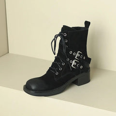 New Retro Lace-up Cow Suede Leather Women Ankle Boots Thick Heels Office Ladies Working Shoes Woman Winter Platform Shoes voguable