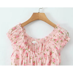 Sweet Women Pink Floral Print Mini Dress Sexy Off Shoulder Short Sleeve Elastic Waist Holiday Party Dress Summer Robe voguable