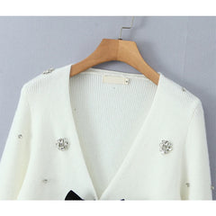 New Women Fashion Handmade Diamond Bow Knit Cardigan Long Sleeve V Neck Slim Crop Sweater Elegant Coat Tops