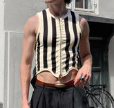 Men Tank Tops Striped Lace Up Sleeveless Summer Knitted Male Vests Streetwear Hollow Out Sexy Fashion Unisex Crop Tops INCERUN voguable