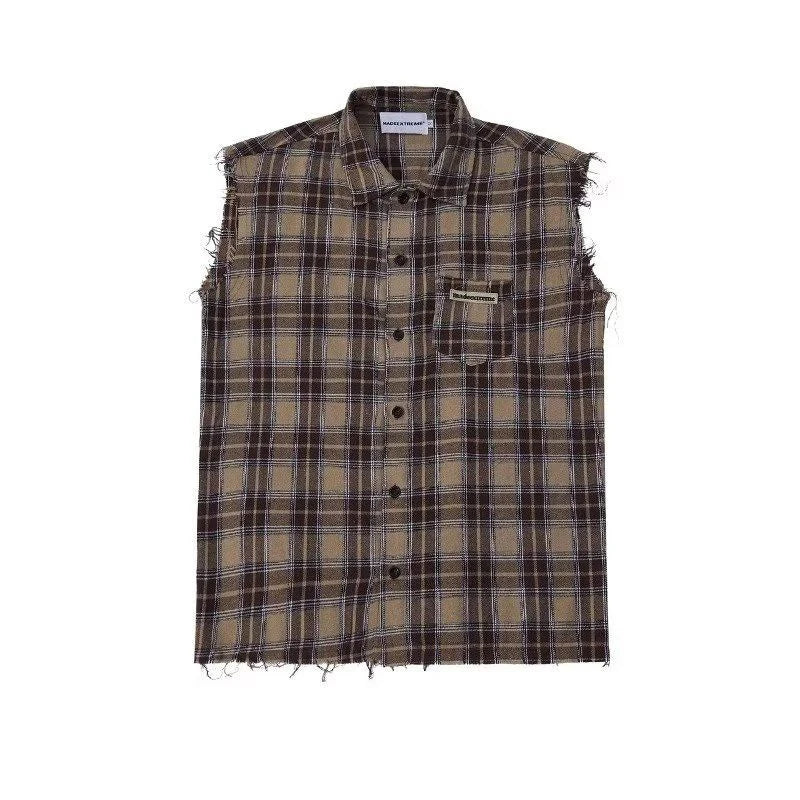 Voguable American Hip-hop Retro Vintage Plaid Sleeveless Vest Men Women Korean Style Summer Trend Street Lapel Work Vest Jacket Aesthetic voguable