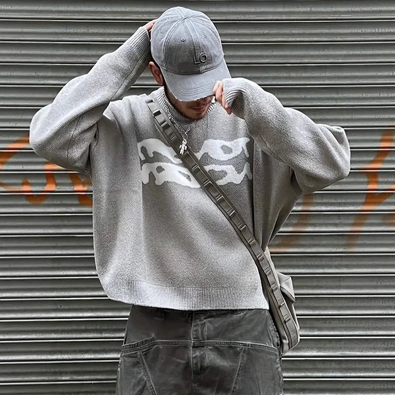 New American Trendy Men Sweater High Street Graffiti Printed Knit O Neck Long Sleeve Pullover Casual Loose High Street Knitwear voguable