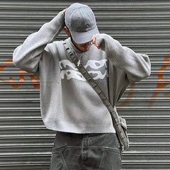 New American Trendy Men Sweater High Street Graffiti Printed Knit O Neck Long Sleeve Pullover Casual Loose High Street Knitwear voguable