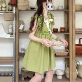 Voguable Dress Bow Designer Lace Summer Green Kawaii Women Party Mini Dress Female Casual Korean Fashion Elegant Cute Dress 2024 voguable