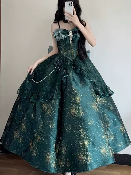 Voguable Lolita Flower Wedding Evening Party Dress Women Green Suspender Long Dress Elegant Sexy Off Shoulder Lady Banquet Dress voguable