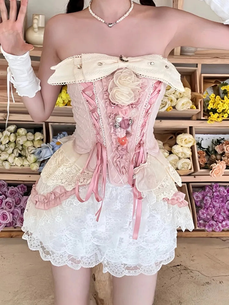 Bow Slash Neck Lace Up Pink Corset Crop Tops White Lace Patchwork Ruffled High Waist Shorts 2 Piece Sets Womens Outifits voguable