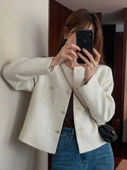 Elegant Chic Tweed Jacket Women O Neck Slim Long Sleeve Fashion Short Coats Casual French Sweet Small Fragrance Outwear Lady New voguable
