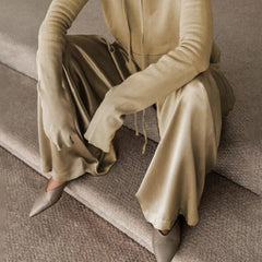 Summer Elegant Bottoms Female Green Loose Original Solid Color Casual Hoodies&Wide Leg Pants Two Pieces Set for Women New voguable