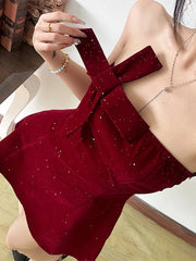 Trendix Sequins Tube Top Dress Ladies Fashion Bow Patchwork High Waist Sleeveless Mini Dress Party Sexy Off Shoulder Dress Women voguable