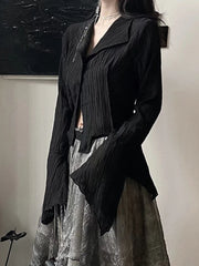 Voguable Gothic Harajuku Black Shirt Women Vintage Long Sleeve Y2K Blouse Casual American Retro Irregular V Neck Loose Tops Spring voguable
