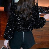 Voguable Women's Clothing Korean Fashion Long Sleeve Sequins Elegant Chic T-shirts Autumn Winter Casual O Neck Black Loose Pullover Tops voguable