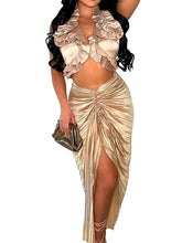 Voguable Sexy Y2K Ruffles Two Piece Women Dress Sets Summer Strapless Cropped Top and Side Split Ruched Long Skirts Matching Outfits voguable