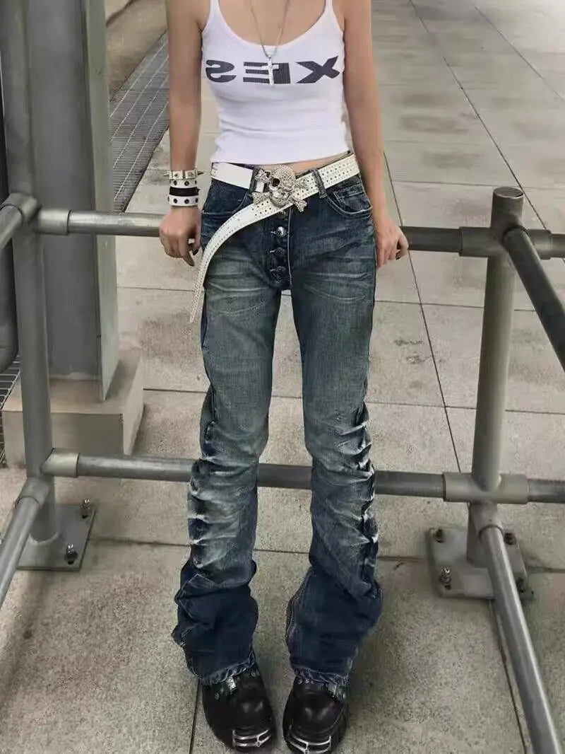 Voguable American Retro Vintage Denim Pants Mid Rise Multi Button Front Ruched Leg Slim Bootcut Y2K Daily Streetwear Bottoms Streetwear voguable