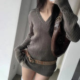 Voguable Vintage V Neck Knitted Sweaters Women Fall Winter Hotsweet Slim Fit Long Sleeve Pullovers American Retro Solid Lazy Wind Jumpers voguable