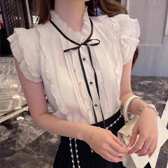 Voguable Summer Ruffles Tops Stand collar Sleeveless Women blouse shirt Patchwork Lace Up Chiffon Tops voguable