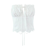 Women Hollow Out Embroidery White Strapless Top Sexy Backless Lacing Up Back Holiday Summer Crop Top Cotton voguable