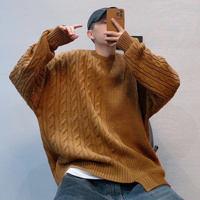 Voguable Knitted Sweater Men Japanese Y2K Oversize Casual Autumn Winter Irregular O-neck Pullovers for Man Old Money Streetwear voguable