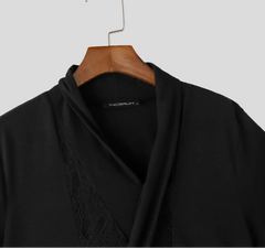 Men Shirt Lace Patchwork V Neck Short Sleeve Transparent Male Tops Streetwear Lace Up Sexy Shirts 2025 Men Clothing voguable