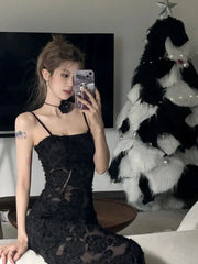 Voguable Black Sexy Party Midi Dress Women Summer See-through Strap Y2k Dress Female Lace Chic Korean Fashion Slim Vintage Dress 2024 New voguable