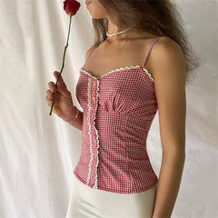 y2k Tops for Women Plaid Print Lace Trim Spaghetti Strap Sleeveless Single Breasted Camisole Sweet Coquette Clothing voguable