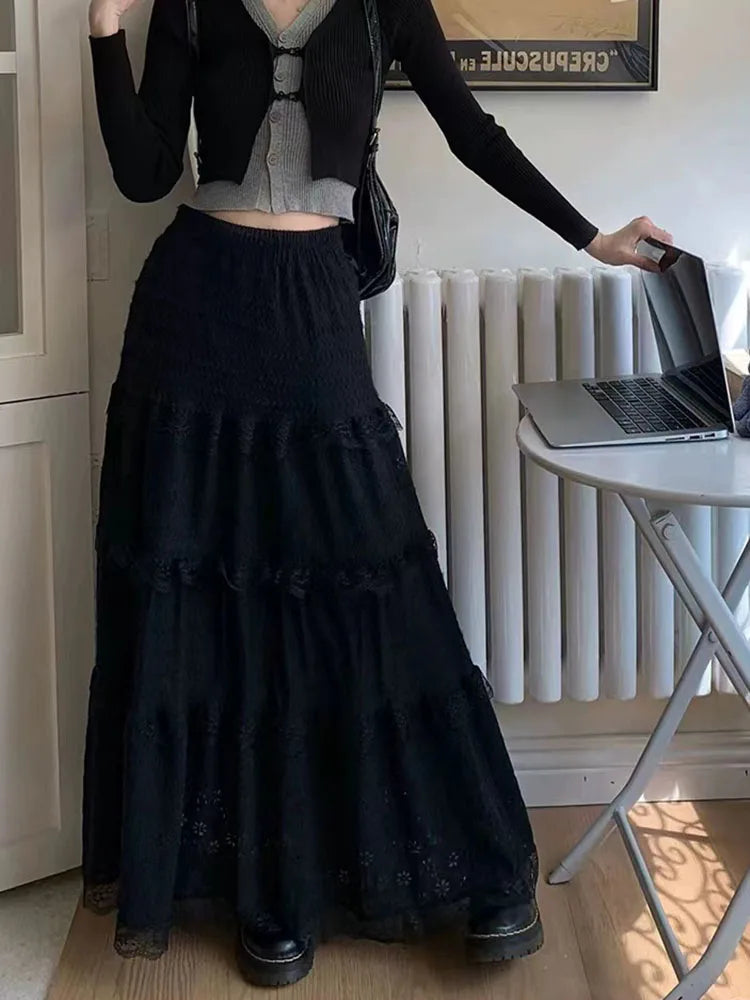 Elegant Lace Splicing Midi Skirt for Women Y2K Summer High Waist Chic Hollow Out A Line Skirts Korean Solid All-Match Long Skirt voguable