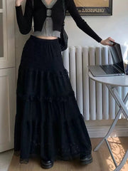 Elegant Lace Splicing Midi Skirt for Women Y2K Summer High Waist Chic Hollow Out A Line Skirts Korean Solid All-Match Long Skirt voguable