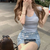 Voguable 2024 Spring New High Street Fashion Sequin Denim Mini Skirt Women + Solid Color Sexy Slim Knitted Camisole Two-piece Suit voguable