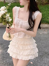 Voguable Sweet Women's Summer New Fashion Patchwork Ruffles Lace Hollow Out Sleeveless Slim Suspenders Tops Cake Half Skirt Two Piece Set voguable