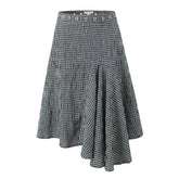 Women Vintage Black White Irregular Plaid Skirt Metal Eyelets High Waist A-line Cotton Summer Skirts Holiday