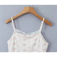 Sweet Women Lace Trim Floral Print Knit Camis French Style Summer Holiday Crop Top