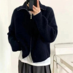 Alobee Super High Sense Nice Purple Knit Cardigan Outerwear Autumn and Winter 2024 New Thickened Lapel Zip-up Sweater Women voguable