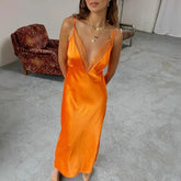 Voguable Contrast Lace V-Neck Camisole Women's Sleeveless Long Dress Slim Summer Beach Style Female Halter Party Dress Dress voguable