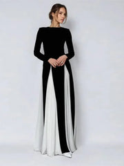 Elegant Black White Patchwork Maxi Dresses Women Fashion O-neck Long Sleeves Slim Dress New Female Evening Party Robes voguable