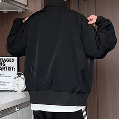 Black Mens Stand Collar Loose Fit Outdoor Spring Biker Jacket Casual Windbreaker Motorcycle Streetwear Trendy Daily Wear Coat voguable