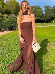 Elegant Strapless Sexy Maxi Dress For Women Gown With Scarf Off-shoulder Sleeveless Backless Split Beach Long Dress voguable