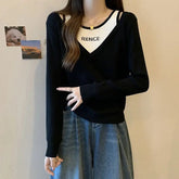 Voguable New Autumn Women's Striped Round Neck Long Sleeved Top Spring Korean Comfortable Versatile Fake Two Piece Bottom T-shirt voguable
