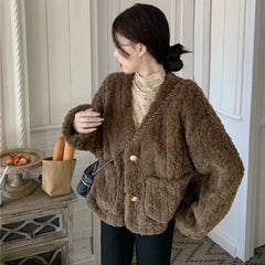 Women Lamb Wool Jackets Autumn Winter Thick Warm Faux Fur Button Outerwear Korean Loose Elegant V Neck Furry Short Coat voguable