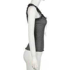 Voguable Y2K Checkerboard Tank Top Ruffle Square Collar Plaid Sleeveless Tops Coquette Aesthetic Contrast Bow Slim-fit Camisole voguable