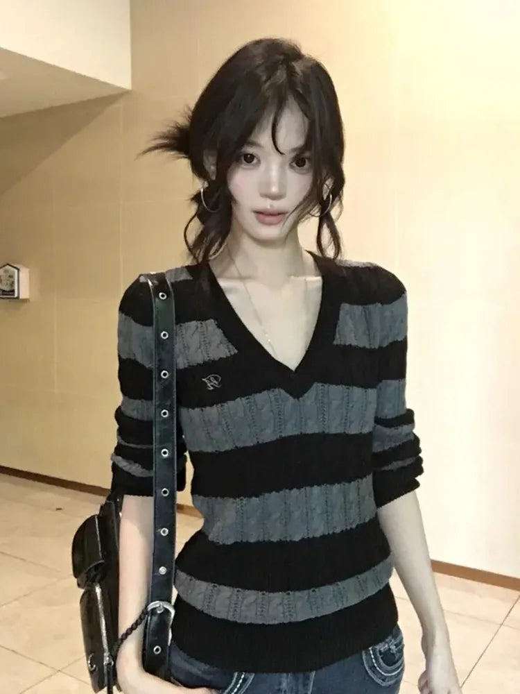 V Neck Vintage Striped Sweater Women Sexy Slim Long Sleeve Y2K Knitted Jumper American Retro Harajuku Letter Fall Pullover voguable