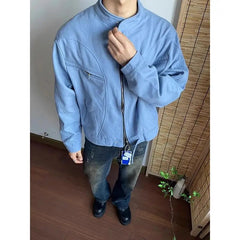 Punk Spliced Jacket High-end Blue Short Work Cargo Coat Men's Handsome Trendy Solid Color Zipper Jacket All-match Top voguable