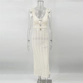 TARUXY Deep V Neck Sexy Dresses Women Sleeveless See Through High Waist Long Cover Up Dress Femme Holiday Knitted Beach Dress voguable