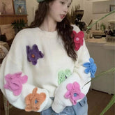 Voguable 3D Floral Sweet Knit Sweater Women Loose Casual Lazy Wind Cute Long Sleeve Pullovers French Fall Winter Solid O Neck Jumpers New voguable