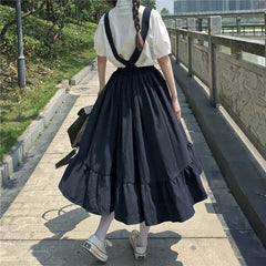 New Sweet Women Skirt Preppy Style Strap Long Skirt Ruffles Loose Cute Student Casual Skirt Female Skirts HOT