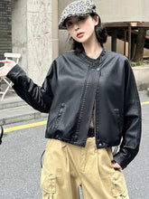 Women Blue Biker Pu Jackets Retro Streetwear Long Sleeve Moto Short Coats Casual O Neck Korean Fall Winter Pockets Outwear New voguable
