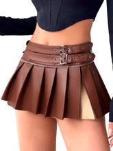 Voguable Sexy Split PU Faux Leather Skirts Womens Autumn Winter Fashion High Waisted Belts Micro Mini Pleated Skirt Female Party Rok voguable