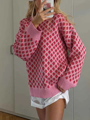 Women Retro Printing Round Neck Loose Sweater Casual Long Sleeves Knitted Pullover 2024 New Autumn Female Fashion Knitwear Tops voguable