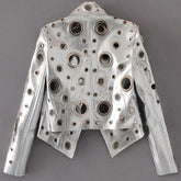 Runway Cut Out Short Faux Leather Jacket Golden Rivet Cool Stylish Designer Clothes Women European American Fashion voguable